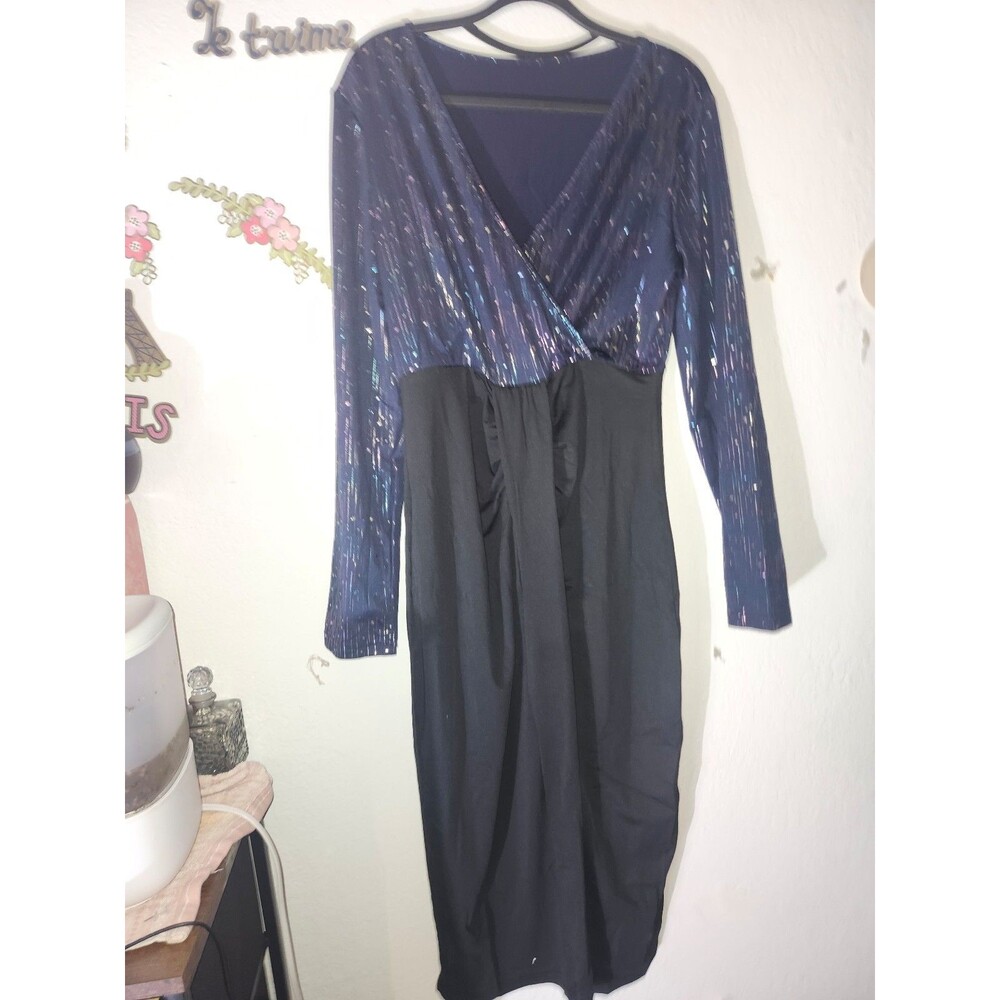 Blue Sparkly Long Sleeve Top Solid Bottom Wrap Look Knit Dress XL